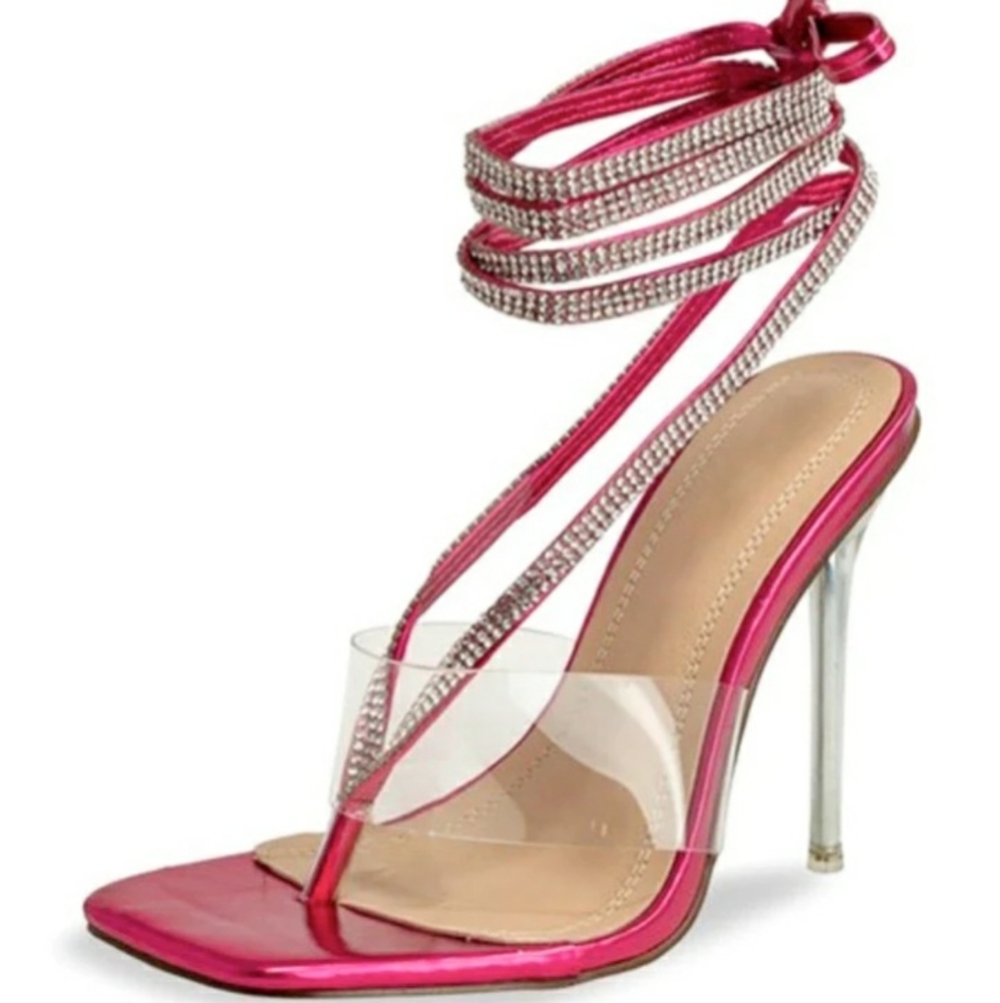 Women's Metallic Fuchsia Rhinestone Ankle Strappy Heels NWT